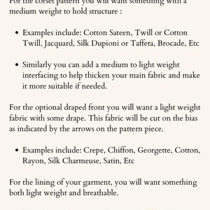 May include: An informational graphic titled Fabric Options with black text on a pale pink background. It provides guidance on selecting materials for a corset pattern, including recommendations for main fabric, interfacing, draped front, and lining.