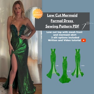 Könnte beinhalten: Ein grünes Meerjungfrauen-Abendkleid-Schnittmuster PDF mit tiefem Ausschnitt und Mesh-Vorderseite. Das Schnittmuster beinhaltet drei Schlitzoptionen: ein Schlitz, kein Schlitz und zwei Schlitze. Das Schnittmuster beinhaltet auch schriftliche und Video-Anleitungen.