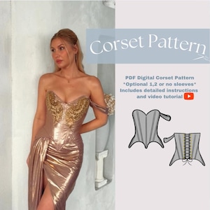 Puede incluir: Un patrón de corsé digital en PDF con el texto Corset Pattern y PDF Digital Corset Pattern Optional 1,2 or no sleeves Includes detailed instructions and video tutorial. Incluye un dibujo lineal de un corsé con cordones.