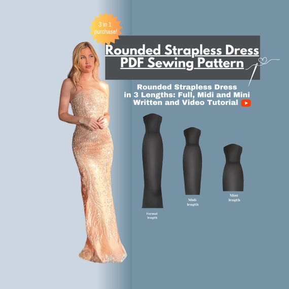Rounded Corset Dress Sewing Pattern: Mini, Midi, Full Length Digital PDF Video Tutorial Included