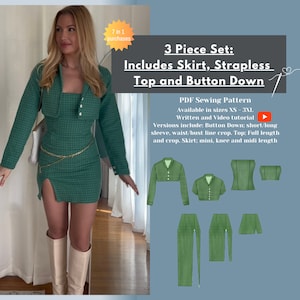 Pode incluir: Um conjunto de três peças de padrão de costura em xadrez verde e branco inclui uma saia, um top sem alças e uma camisa abotoada. O padrão está disponível nos tamanhos XS-3XL e inclui um tutorial escrito e em vídeo. "3 Piece Set: Includes Skirt, Strapless Top and Button Down" está escrito em texto branco sobre um fundo azul.