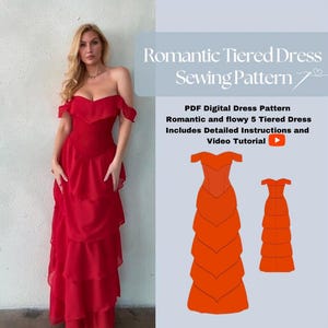 May include: A red off-the-shoulder dress with five tiers and a fitted bodice. The text reads: Romantic Tiered Dress Sewing Pattern, PDF Digital Dress Pattern, Romantic and flowy 5 Tiered Dress Includes Detailed Instructions and Video Tutorial.