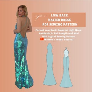 Patrón de costura digital en PDF para vestido halter con espalda baja | Largo formal y mini | Cuello alto con espalda baja dramática | XS-3XL | Descarga instantánea