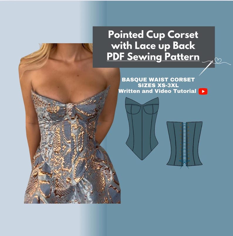 pointed cup corset with lace up back pdf sewing pattern