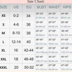 May include: Size chart for clothing with measurements in inches and centimeters. The chart shows sizes XS through XXXL with corresponding US, EU, bust, waist, and hip measurements.