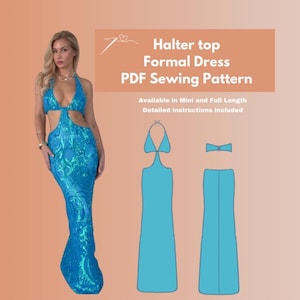 May include: A turquoise sequined halter formal dress with a mermaid silhouette. The image also shows a PDF sewing pattern with the text "Halter top Formal Dress PDF Sewing Pattern". The pattern is available in mini and full length.