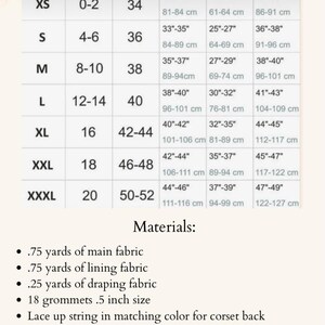 May include: A size chart table with columns for size, US, EU, bust, waist, and hips, listing measurements from XS to XXXL in inches. Below the table, a materials list specifies quantities for fabric, 18 grommets, lace-up string, and boning.