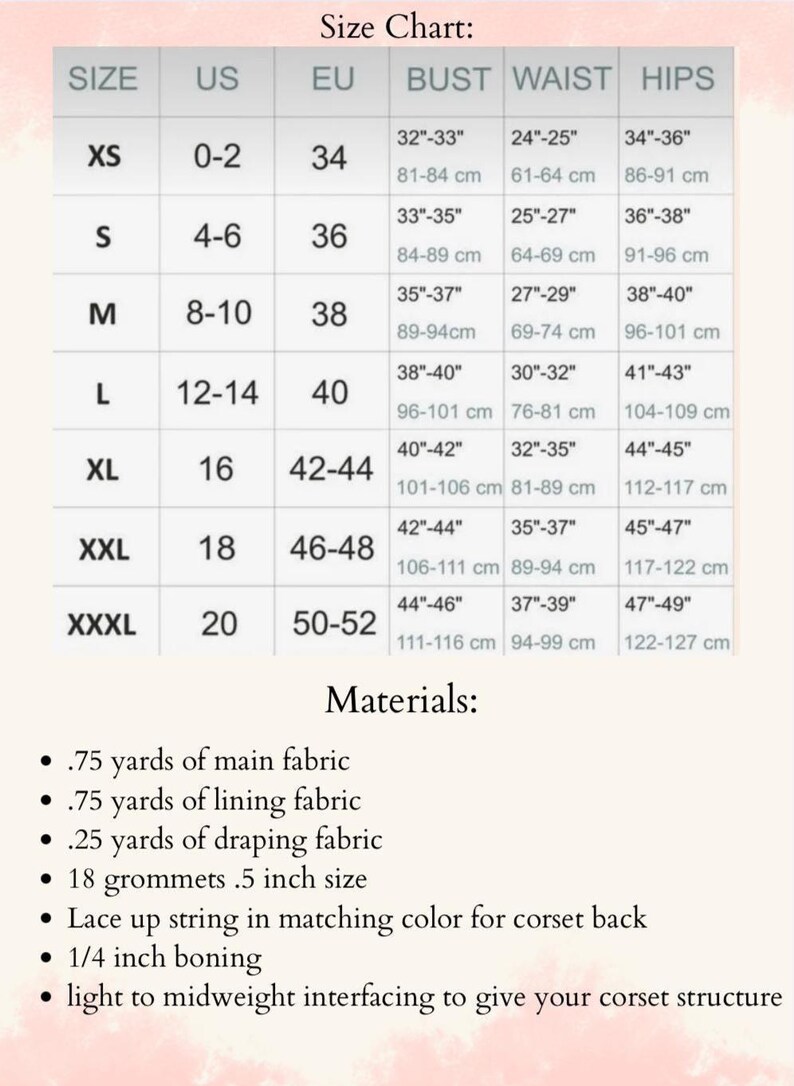 May include: A size chart table with columns for size, US, EU, bust, waist, and hips, listing measurements from XS to XXXL in inches. Below the table, a materials list specifies quantities for fabric, 18 grommets, lace-up string, and boning.