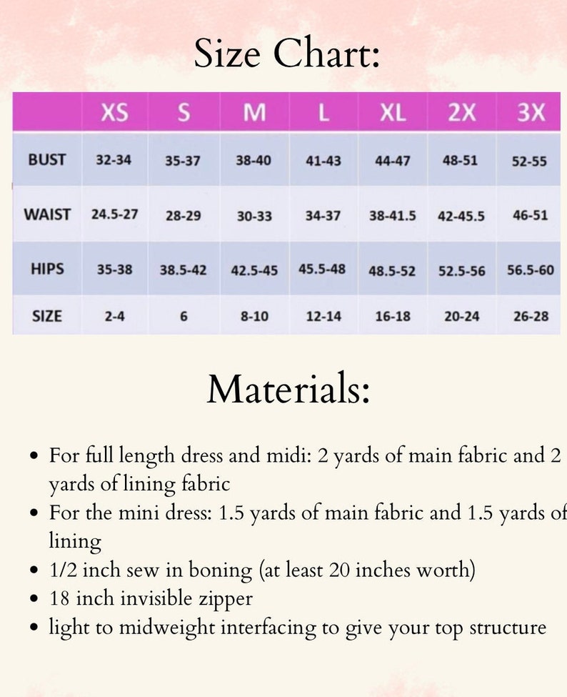 May include: Size chart for a dress pattern with measurements in inches for bust, waist, hips, and size. Materials list includes fabric yardage, boning, zipper, and interfacing.