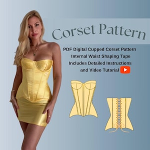 Puede incluir: Un patrón de corsé amarillo con copas y cinta de ajuste en la cintura. El texto dice: Corset Pattern, PDF Digital Cupped Corset Pattern, Internal Waist Shaping Tape, Includes Detailed Instructions and Video Tutorial.