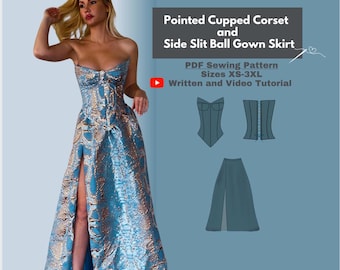 Corset + Ball Gown Skirt Set PDF Digital Sewing Pattern I Full Skirt w/ Slit I Lace up, Basque Waist, Pointed Cup Corset I Video Tutorial I
