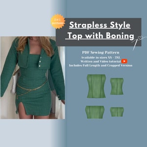 Puede incluir: Un patrón de costura PDF para un top sin tirantes con ballenas. El patrón incluye una versión de longitud completa y una versión recortada y está disponible en tallas XS-3XL. La imagen muestra a una modelo con un top y una falda de cuadros verdes, y un diagrama del patrón del top.