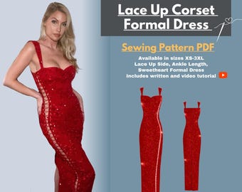 Naaipatroon formele jurk met veters: jurk met dramatische tule aan zijkantXS-3XL (pdf-patroon) videotutorial