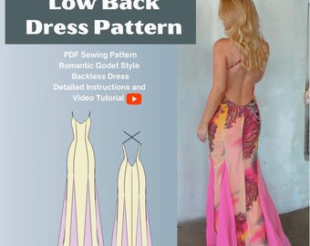 Low Back Dress PDF Digital Sewing Pattern w/ Romantic Godets Long Formal Backless Gown