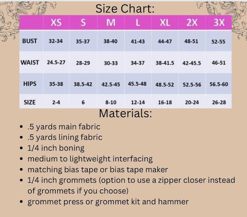 May include: Size chart for a garment with measurements in inches for bust, waist, hips, and size. Materials needed for the garment include 5 yards of main fabric, 5 yards of lining fabric, 1/4 inch boning, medium to lightweight interfacing, matching bias tape or bias tape maker, 1/4 inch grommets, and a grommet press or grommet kit and hammer.