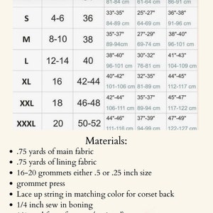Basque Size Chart Corset Sewing Pattern Digital PDF: Basque Waist Pointed Cup Fully Boned ...