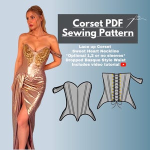 May include: A digital sewing pattern for a lace-up corset with a sweetheart neckline. The pattern includes instructions for optional sleeves and a dropped basque style waist. A video tutorial is also included.