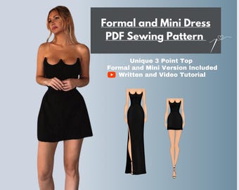 Corset Dress Sewing Pattern Digital PDF: Formal Cocktail Dress With Fashion 3 Pronged Top