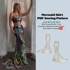 May include: A mermaid skirt PDF sewing pattern featuring a long skirt with a godet train, detailed instructions, and a video tutorial. The image displays a long, multi-colored sequined skirt with a geometric pattern and a matching crop top.