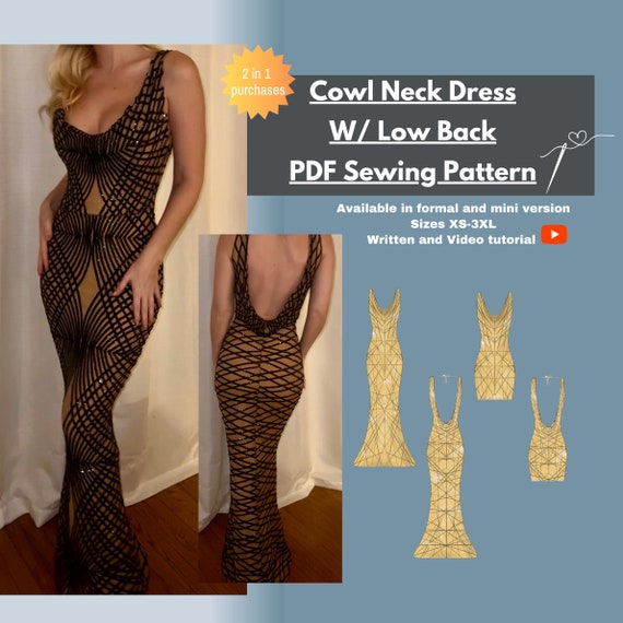 Cowl Neck Low Back Dress Sewing Pattern: Formal & Mini Length PDF Digital Instant Download