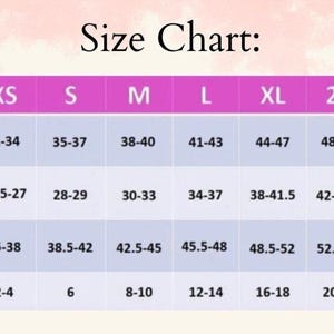 May include: A size chart with measurements for bust, waist, hips, and sizes XS to 3X. Bust measurements range from 32-34 inches to 52-55 inches. Waist measurements range from 24.5-27 inches to 46-51 inches. Hips range from 35-38 inches to 56.5-60 inches.