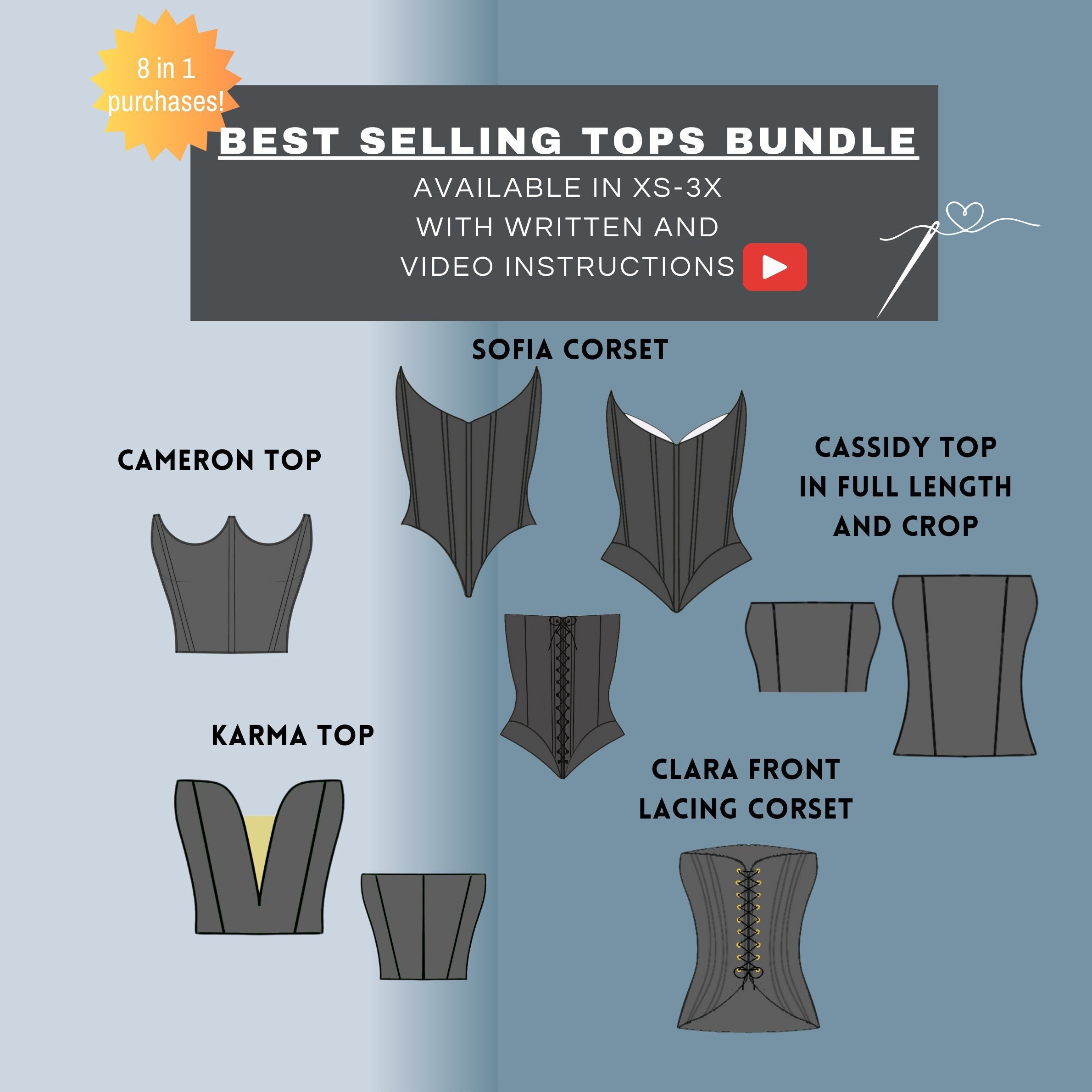 Corset Top Sewing Pattern Bundle: 5 PDF Patterns XS-3XL (Instant Download)