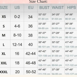 May include: Size chart for clothing with measurements in inches and centimeters. The chart shows sizes XS through XXXL with corresponding US, EU, bust, waist, and hip measurements.
