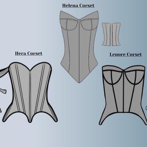 May include: Four different styles of corsets are shown in a line. The corsets are all gray and have different details, such as boning, straps, and closures. The corsets are labeled "Helena Corset", "Hera Corset", "Lenore Corset", and "Corset".