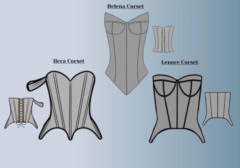 May include: Four different styles of corsets are shown in a line. The corsets are all gray and have different details, such as boning, straps, and closures. The corsets are labeled "Helena Corset", "Hera Corset", "Lenore Corset", and "Corset".