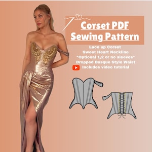 Corset PDF Sewing Pattern: Boned Dramatic Dropped Basque Waist, Sweetheart Neckline, Lace up Bodice