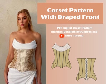 Corset Sewing Pattern Fully Boned, Dropped Basque Waist, Draped Top, Video Tutorial, Digital PDF