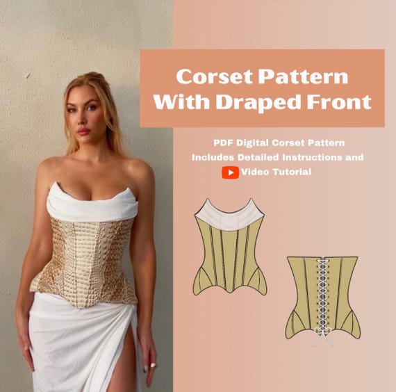 Corset Sewing Pattern Fully Boned, Dropped Basque Waist, Draped Top, Video Tutorial, Digital PDF