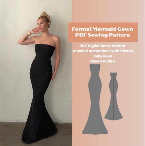 Mermaid Dress Digital Sewing Pattern PDF Formal Full Length Trumpet Flair  Strapless Gown