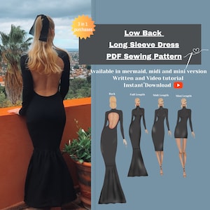 Langarm-rückenfreies Kleid PDF Digitales Schnittmuster l Enthält Mini-, Midi- und Meerjungfrauenlänge l Meerjungfrau-Abendkleid l Kleid-Schnittmuster