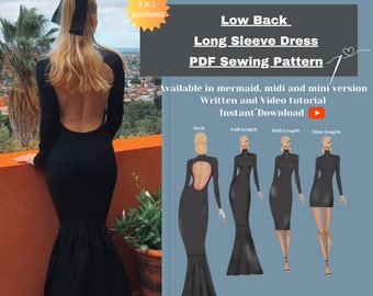 Long Sleeve Backless Dress PDF Digital Sewing Pattern l Includes mini, midi and mermaid length l Mermaid formal gown l Dress Sewing Pattern