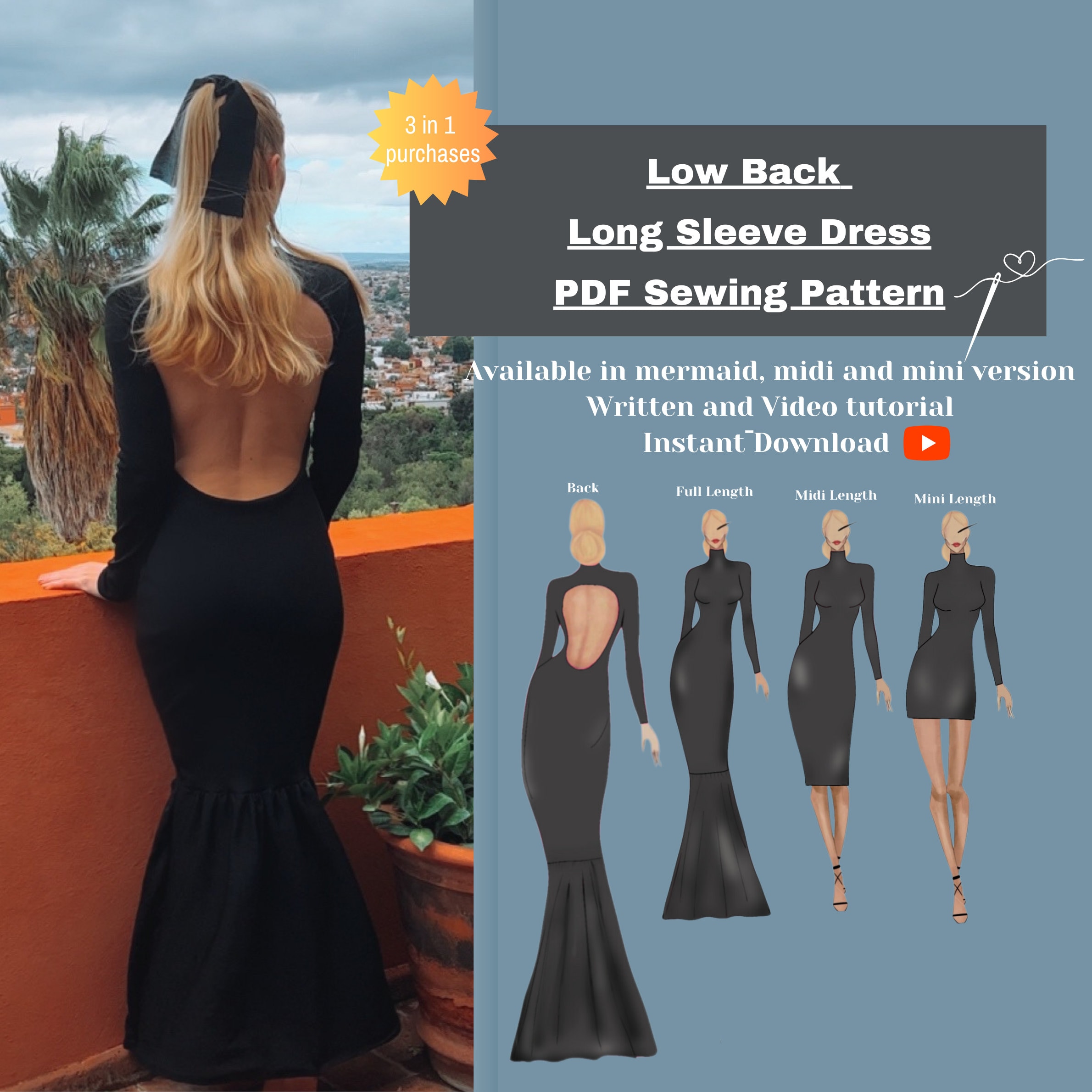 Long Sleeve Backless Dress Etsy