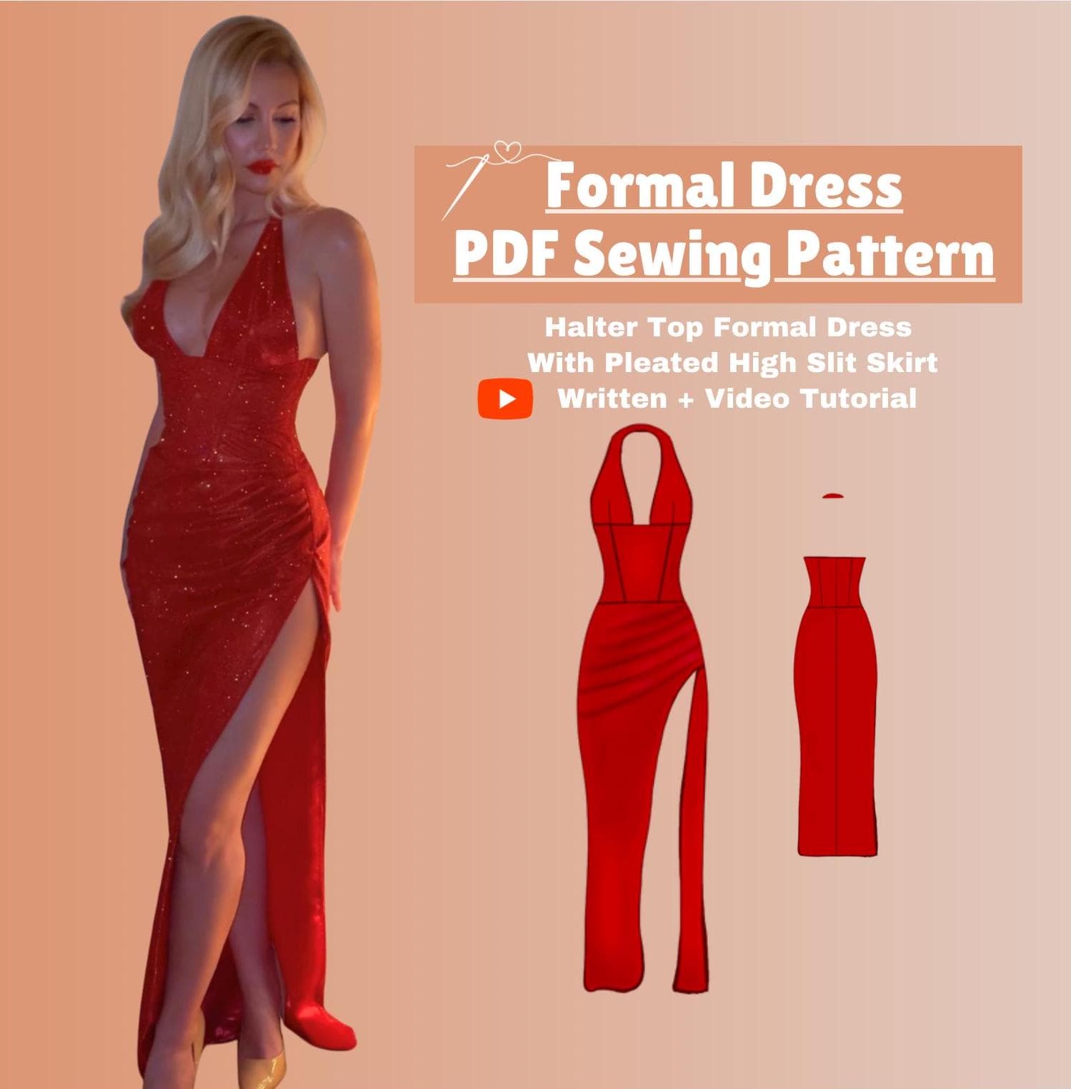 Formal Dress PDF Digital Sewing Pattern l Woman’s Halter Top Gown With High Slit and Ruched Side Skirt l sizes XS-3XL l Instant Download l
