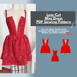 Puede incluir: Un patrón de costura para un vestido mini rojo con un escote bajo y un centro de malla. El patrón está disponible con tirantes o sin tirantes. El patrón incluye tutoriales escritos y en video.