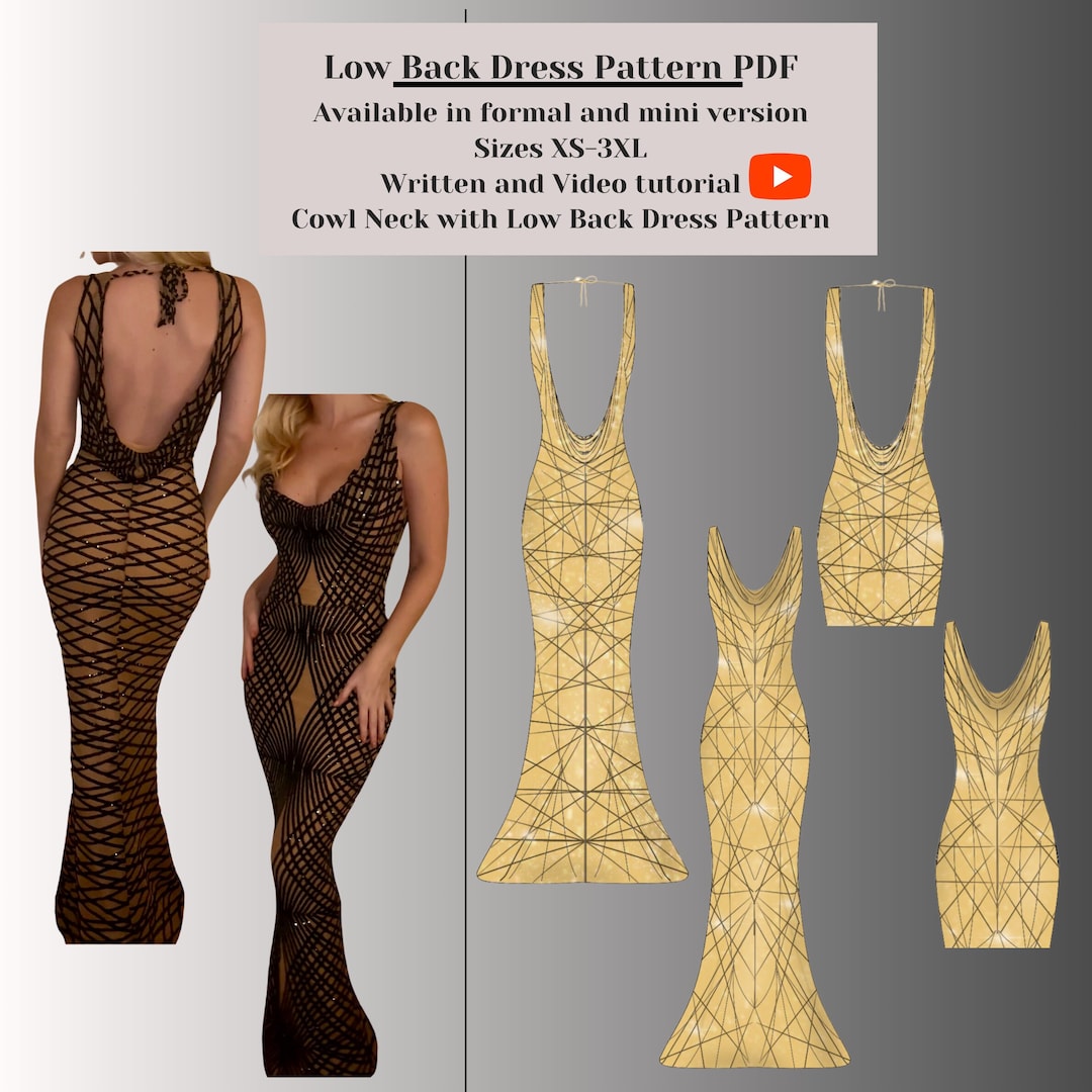 Low Back Dress Pattern PDF I Cowl Neck With Dramatic Low Back Formal and Mini Dress I Sizes XS