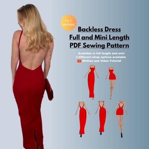 backless mini dress pattern Backless Dress PDF Sewing Pattern: Mini & Formal Length Video Tutorial  Beginner Friendly