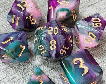 Dragonrider - Northland Brigade, Pink, Purple, Green & Blue 7 pc dice set | Dragon Hoard | Tabletop RPG | Dice Goblin | d20 system | dnd