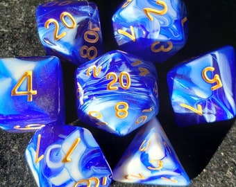 Blueberry Dipped, Blue & White Swirl 7 pc dice set | Dragon Hoard | Tabletop RPG | Dice Goblin | d20 system | dnd