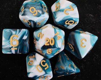 Elemental Plane Aasimar, Dark Teal & White Swirl 7 pc dice set | Dragon Hoard | Tabletop RPG | Dice Goblin | d20 system | dnd