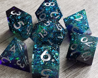 Dark Tranquility, Chunky Glitter, Holographic Foil, Sharp Edge, Handmade 7 pc set | Dragon Hoard | Tabletop RPG | Dice Goblin | d20 | dnd