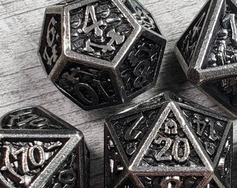 Metal Warrior Battle Dice - Silver, Metal 7 pc dice set | Dragon Hoard | Tabletop RPG | Dice Goblin | d20 system | dnd