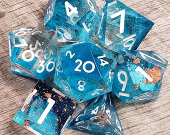 Sea Elf's Dream, Blue Swirls Sharp Edge, Handmade, 7 pc dice set | Dragon Hoard | Tabletop RPG | Dice Goblin | d20 system | dnd