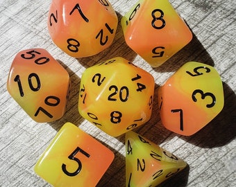 Glow in the Underdark - Lava Worm, Yellow & Orange 7 pc dice set | Dragon Hoard | Tabletop RPG | Dice Goblin | d20 system | dnd