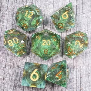 LIQUID CORE - Green Peridot, Sharp Edge 7 pc dice set | Dragon Hoard | Tabletop RPG | Dice Goblin | d20 system | dnd