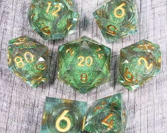 LIQUID CORE - Green Peridot, Sharp Edge 7 pc dice set | Dragon Hoard | Tabletop RPG | Dice Goblin | d20 system | dnd