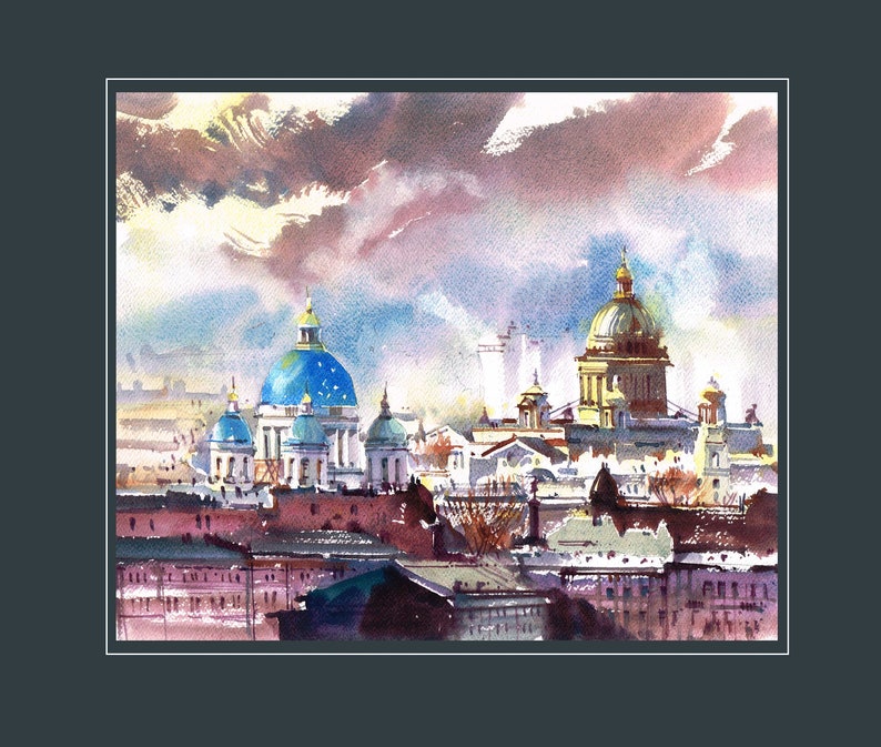 Watercolor Print Central view on St Isaac cathedral and Trinity Cathedral in St Petersburg Urban Landscape Drawing Illustration
